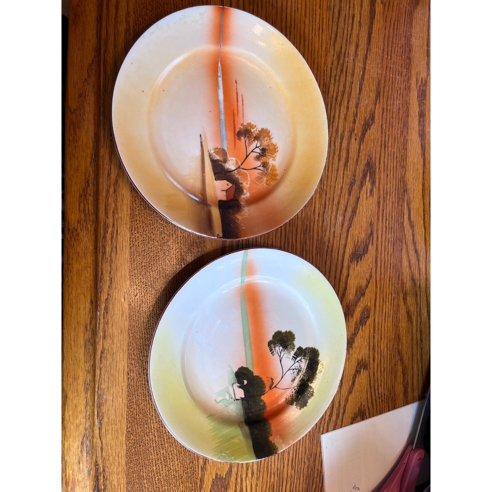 Vintage Japanese Hand‎ Painted Landscape Plates Set of 2 Swan & House Art